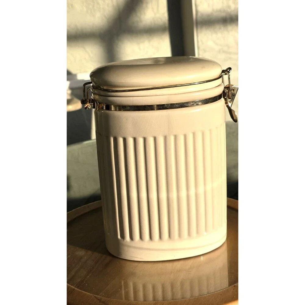 Godiva Chocolatier Biscuits Oval Ceramic Jar Canister w/ Latch Lid Cream Color